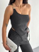 Asimetrik Crop Pantalon Ikili Takım - Füme resmi